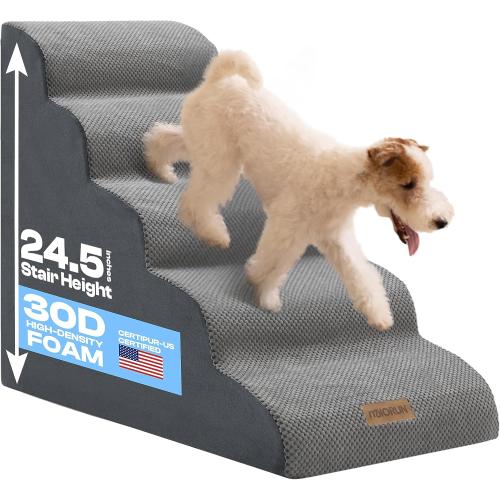 Dog Stairs for High Beds Up to 30, Extra-Tall 5-Step Dog Steps for Bed, 24.5 Tall Foam Pet Stairs for Small & Medium Dogs, Gentle Slope Cat Ramp for Bed with Washable Cover