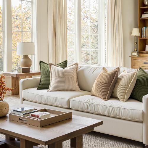 MIULEE Decorative Throw Pillow Covers for Couch Bed Livingroom 18x18 Inch Set of 2 Beige Boho Accent Throw Pllows Broadside Striped Patchwork Soft Corduroy Pillowcases