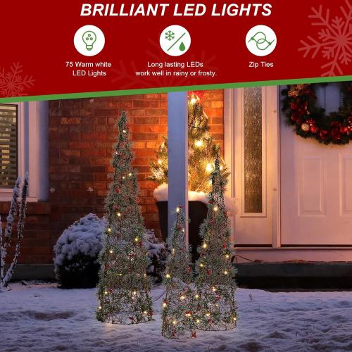 Glitzhome Set of 3 Lighted Christmas Cone Trees, Xmas Decorative Conic Tree Set with 75 Warm White LED Lights, Indoor & Outdoor Lighted Decorations for Lawn Yard Garden Party