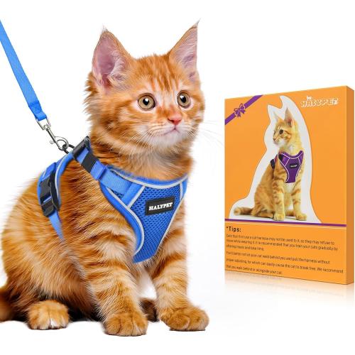 size XS Halypet Cat Harness and Leash Set [MAX Safety 4th-Gen Upgrade] Escape Proof Adjustable Cat Leash Comfortable Soft Vest Easy to Wear Kitten Harness with Reflective Strip for Cats Walking, XS Blue