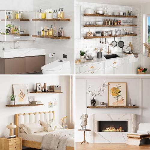 Floating Shelves for Wall 48 Inches Long,9.3 Deep Rustic Brown Floating Shelf Set of 2,Wall Mounted Wood Shelves for Bathroom Bedroom Living Room Kitchen Office,Shelf for Books Storage Room Decor