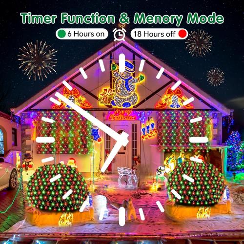 Hezbjiti Pack of 2 Battery Operated Christmas Net Lights Outdoor Total 200LED Waterproof Timed Memory Mesh Lights for Xmas Trees Bushes Garden Yard Lawn Patio Christmas Decor (Red and Green)