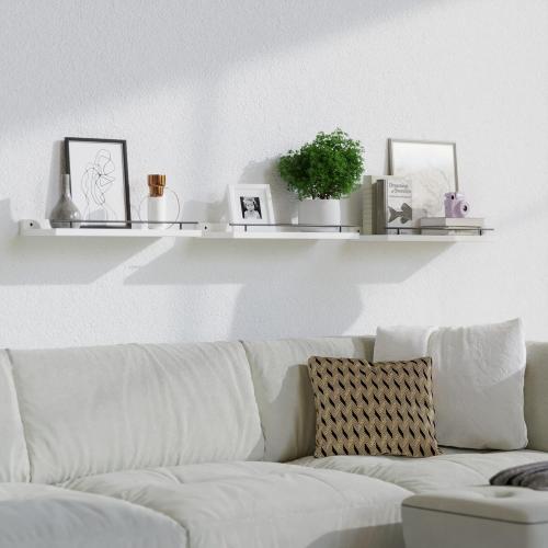 Set of 3 Color Black and White WOPITUES Floating Shelves with Black Metal Guardrail, Shelves for Wall Decor Set of 3, Wall Shelves for Bedroom, Bathroom, Kitchen, Living Room, Plants, Picture Frames, Art- Black and White