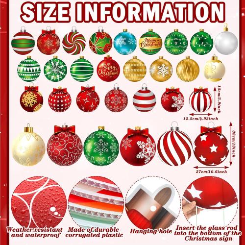 Huwena 30 Pcs Christmas Outdoor Hanging Decorations Snowflakes Candy Yard Signs Include 6 Plastic Yard Stakes 24 Double Sided Ornaments for Christmas Winter Holiday Garden Tree Decor (Ball)