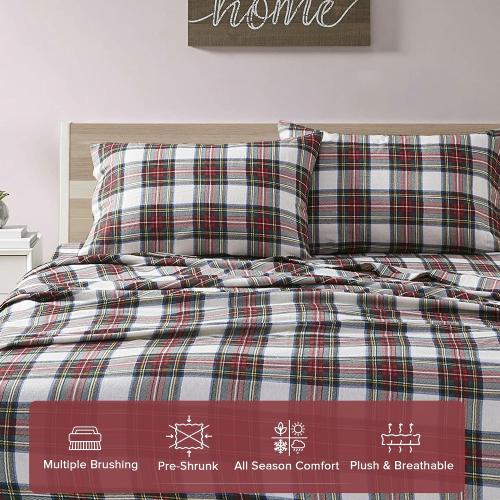 Comfort Spaces Cotton Flannel Sheets Cal King Size, Ultra Soft Flannel Sheet Set with 14 Elastic Pocket Fits up to 16 Mattress, Plain Print Warm Flannel Bedding, Scottish Plaid Red 4 Piece