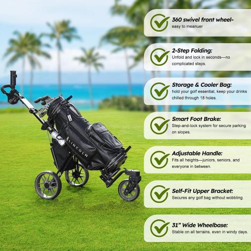 360 Golf Pull Cart: Lightweight Folding Swivel 3 Wheels Golf Caddy with Foot Brake, Cooler Bag, Drink& Umbrella Holder