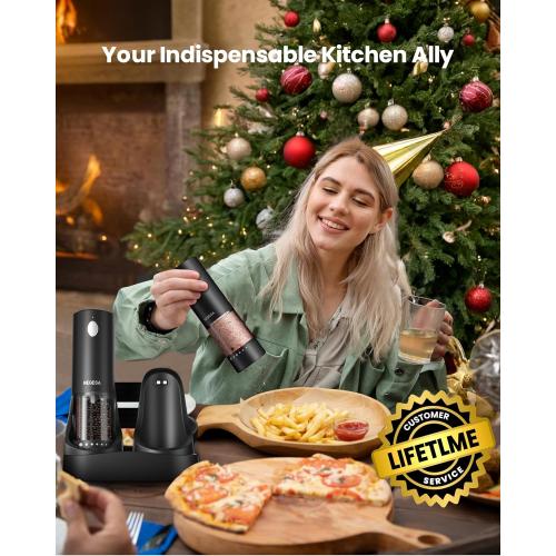 Electric Salt and Pepper Grinder Set with Rechargeable Base - Automatic Refillable Electric Salt and Pepper Shakers with Large Capacity, LED Light & Adjustable Coarseness, Black