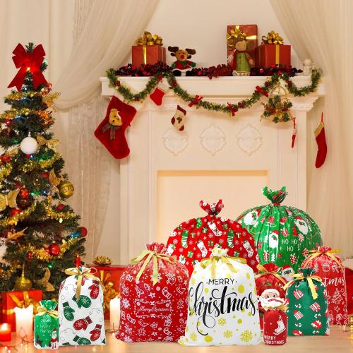 Pseutio 42 PCS Christmas Drawstring Gift Bags Assorted Sizes Drawstring Christmas Bags for Gifts with Rope for Xmas Holiday Presents Party Favor