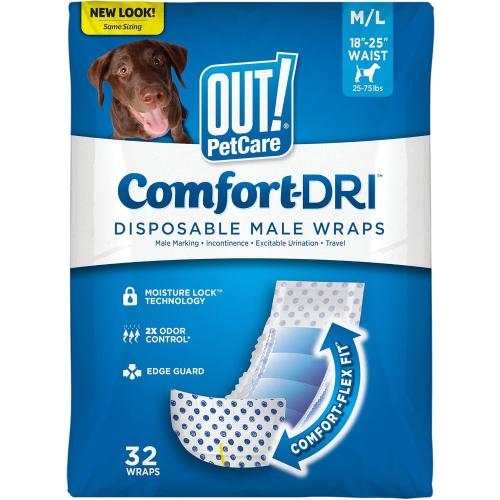 M/L OUT! PetCare Disposable Male Dog Wraps, Puppy Pee Wraps, Belly Bands for Dogs, Leak Proof, Wetness Indicator, Puppy and Doggie Diaper for Peeing, Medium/Large, 32 Count