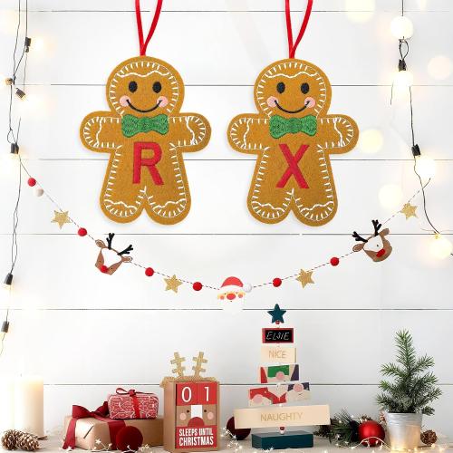 Christmas Felt Gingerbread with Initials, Gingerbread Man Embroidery Felt Letter Xmas Decor, Cute Monogram Knitted Rustic Hanging Ornaments Pendants for Party Fireplace Tree Home Decorations (A)