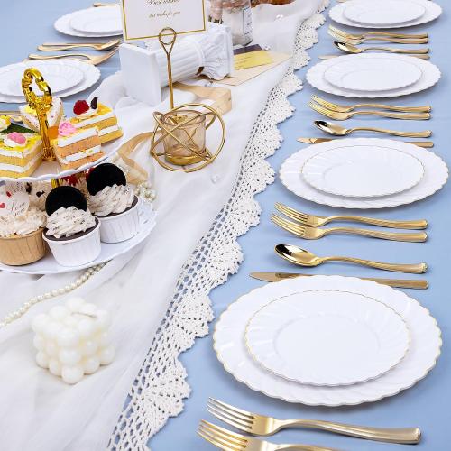 U-QE 100 Pieces Gold Plastic Plates - Premium White Plastic Plates for Party, Wedding and Daily Use Including 50PCS 9 '' Plastic Dinner Plates & 50PCS 6.5 '' Plastic Dessert Plates