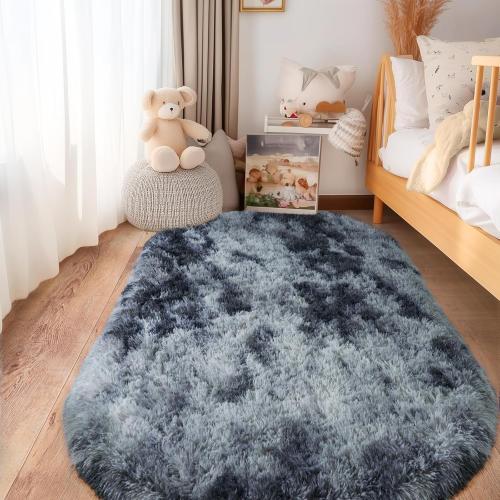 Fluffy Oval Rug for Bedroom 3.3'x6.2', Shag Area Rug for Bedside, Ultra Soft Cute Plush Carpet for Living Room Girls Boys Room Nursery Teens Dorm Home Decor, Blue Grey
