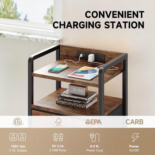 Night Stand Bedside Table Bedroom - Nightstand with Charging Station, Night Stand with LED Light Strip, End Table with U-S-B Ports & AC Outlets, Storage Shelf & 2 Fabric Drawers, Rustic Brown