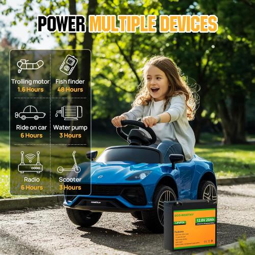 ECO-WORTHY 12V 20Ah Lithium Battery, 3000  Deep Cycle Rechargeable LiFePO4 Lithium Ion Phosphate Battery with BMS for Trolling Motor, Fish finder, Kids Scooters, Power Wheels, Outdoor Camping