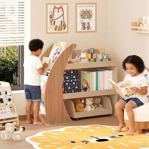 Kids Bookshelf with Toy Storage and Movable Drawer, Wooden Montessori Bookcase Organizer for Toddlers and Children