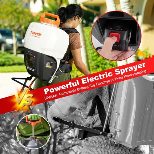 Toovem 4 Gallon Battery Powered Backpack Sprayer - Electric Garden Sprayer with 18V Strong Battery, Automatic Pressurization, 4 Nozzles, Comfortable Design for Lawn, Garden, Farms & Orchards Spraying