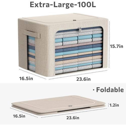 CYhom 3Pack Foldable Storage Bins - Frame Storage Box Linen Fabric Stackable Clothes Container Organizer with Clear Window & Carry Handles Large Capacity (Extra Large-100L, Beige)