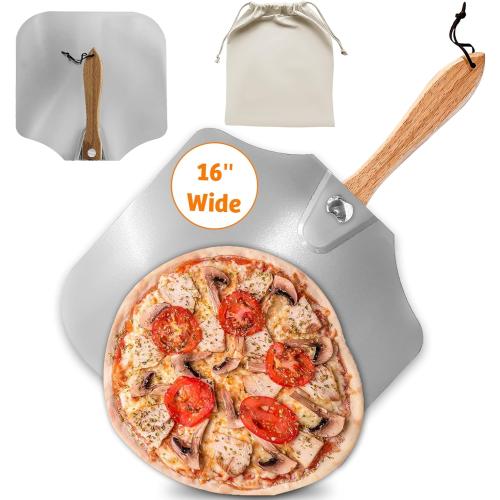 Pizza Peel 16 inch, Approx16 Wx 18 L, Aluminum pizza peel with Foldable Wood Handle and Storage Bag, Non-perforated