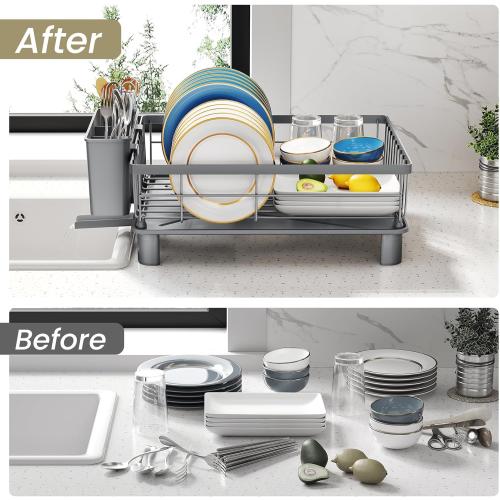 SNTD Dish Drying Rack - Small Dish Rack for Kitchen Counter, Stainless Steel Dish Drainer with Utensil Holder and Drainboard, 11 W x 15 L (Grey)