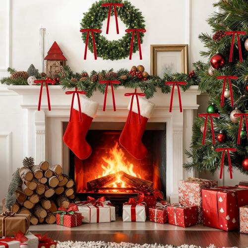 24 PCS Velvet Christmas Tree Bows，Christmas Wreath Bows,Rustic Crafts Gift Bows for Christmas Tree Indoor Outdoor Decoration(3/8'' Wide, 5 * 7 inch) (Red)