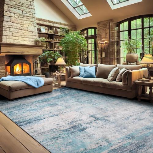 Abstract 8x10 Area Rug Washable Soft Large Non-Slip Carpet for Living Room Dining Room Home Office Bedroom - Abstract Teal/Grey ‼️light dirt‼️