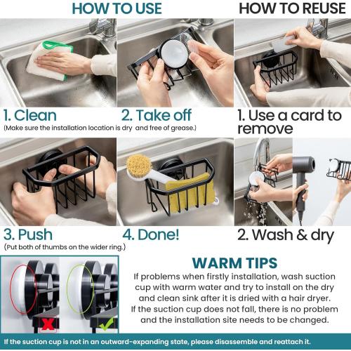 TAILI Sponge Holder with Strong Suction Cup, Dish Sponge Caddy Inside Sink Removable, Rustproof Aluminum for Sponges, Brushes, Stoppers and Scrapers - Black