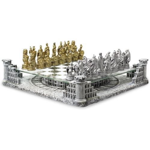 BB Brother Brother Ancient Roman Gladiators 3D Chess Board Game Set, Glass Board, Handmade Gold and Silver Polyresin Chess Pieces for 2 Players
