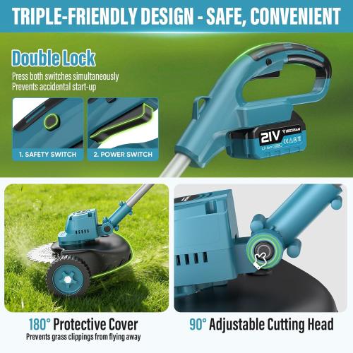 21000RPM Electric Weed Wacker Cordless-8000mAh, 1000W Weed Eater Battery Powered with Wheel, Adjustable Length, 4‑in‑1 Lightweight Grass Trimmer/Brush Cutter/Weed Trimmer/Edger Tool for Garden Yard