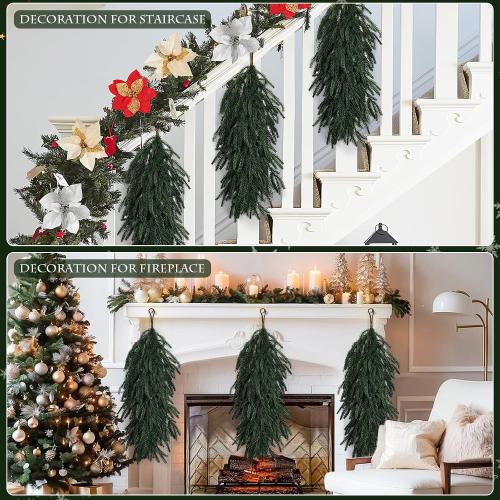 2 Pcs Christmas Swag - 27 Inch Teardrop Swag with Artificial Pine Needles Greenery Swags for Xmas Front Door Staircase Window Wall Mantel Decor - Dark Green
