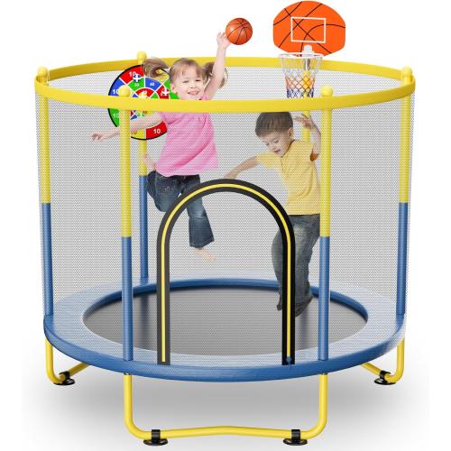 6FT Indoor Trampoline for Kids Ages 1-8, 72 Mini Toddler Indoor & Outdoor Trampoline with Safety Enclosure Net, Basketball Hoop & Dart Board, Birthday Gifts for Boys & Girls, Baby Toddler