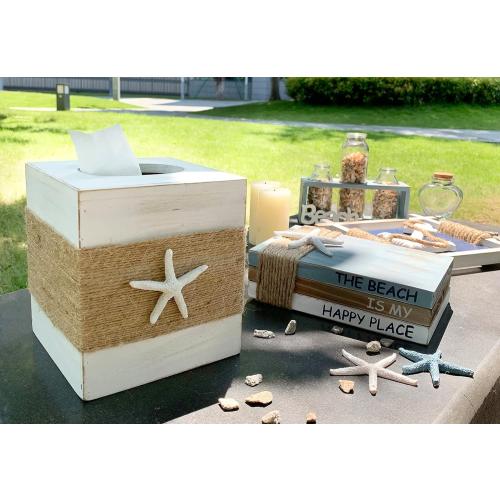 SOMTO Beach Rustic White Wood Square Tissue Box Cover,Farmhouse Bathroom Accessories Starfish Decor Tissue Holder with Slide-Out Bottom Panel…