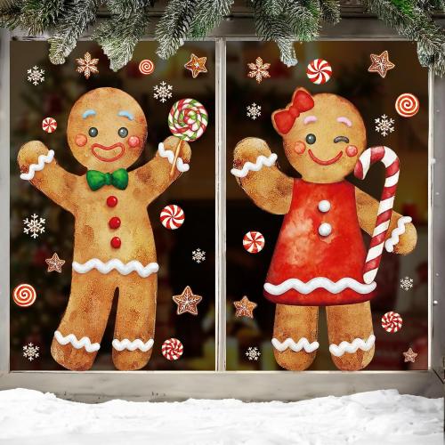 Ivenf Christmas Window Clings Decorations: 2 Sheets Extra Large Gingerbread Man Couple Window Stickers, Cute Gingerbread Peppermint Candy Canes Snowflake Decals for Home Office Holiday Party Décor