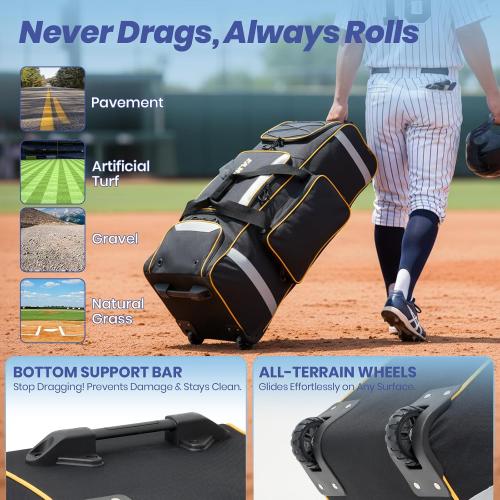 Fanwoli 81L Rolling Baseball Bag with Wheels, Softball Catchers Gear Bags for 4 Bats (Fits Up To 34), Separate Shoe Compartment, Safety Reflective Strip, Fence Hook, Foldable T-Bag for Youth & Adult