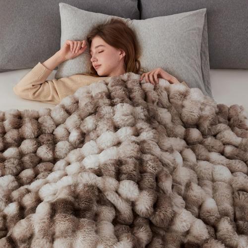 COOVA Faux Fur Throw Blanket for Couch, Cozy Soft and Fuzzy Plush Rabbit Fur Bubble Blanket for Sofa Bedroom Living Room, 50x60 Inches Tie Dye Brown