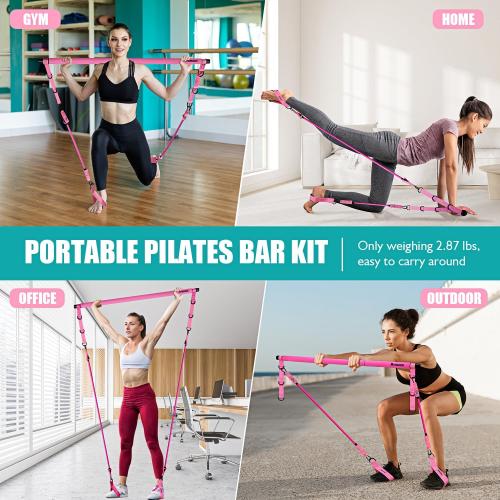 Pilates Bar Kit with Resistance Bands, Pilates Workout Equipment for Legs, Hip, Waist, Arm, Squats Exercise Equipment for Home Workouts, Adjustable 3-Section Pilates Bar Kit for Women & Men