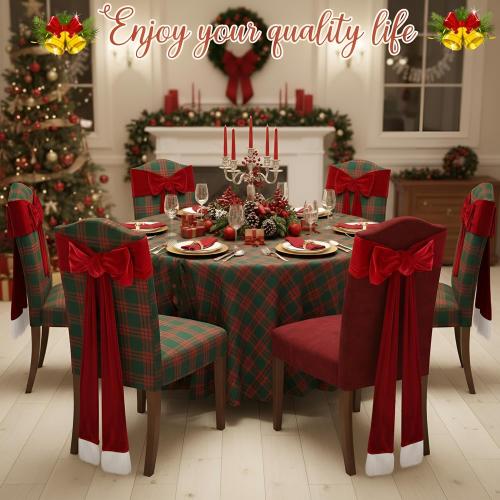 Thyle 10 Pcs Christmas Burgundy Red Velvet Chair Sashes 6 x 108 Inch Large Red Bows Chair Cover with White Fluff Decoration for Xmas Wedding Event Holiday Banquet Party