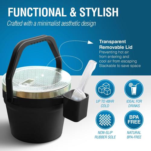 Insulated Ice Bucket with Lid and Scoop - Extra Large Double-Walled Ice Bucket for Parties, Cocktail Bar, Stainless Steel Wine Chiller, Beverage Tub with Handle and Bottle Opener (Black)