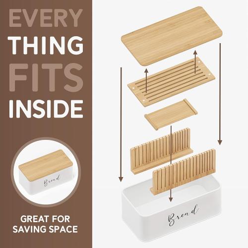 Size  16.5 x 8.5 x 6 inches NATURE SUPPLIES | White Bread Box For Kitchen Countertop With Professional Cutter Guide | Farmhouse Bread Bin & Bamboo Bread Slicer Set | Metal Bread Box With Cutting Board For Bread, Bagel, Loaf