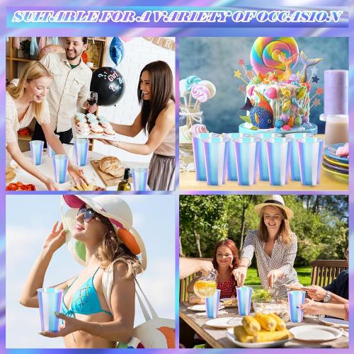100 Pcs Iridescent Plastic Cups Rainbow Cups Holographic Party Clear Glitter Shiny Plastic Tumblers for Wedding Birthday Bachelorette Mermaid Party(16 oz)