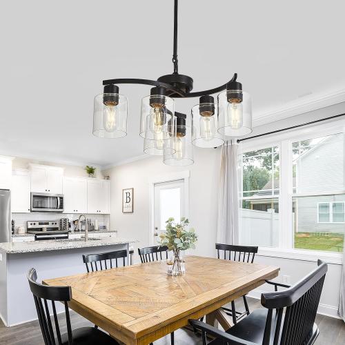 6 Light Contemporary Chandelier Black Modern Farmhouse Chandelier Hanging Lighting Fixtures Industrial Pendant Ceiling Light with Clear Glass Shade Ceiling Light Fixtures for Dining Room Living Room (See The picture for the color)