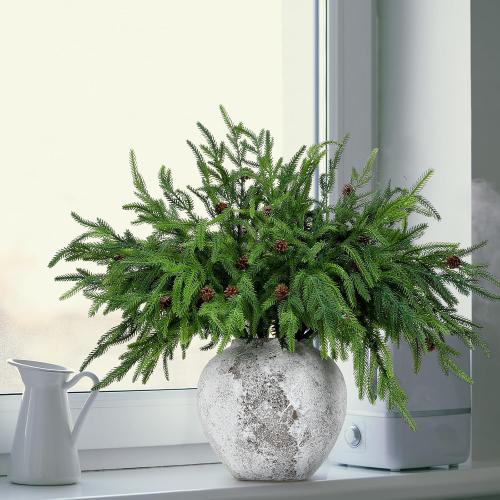 Yinder Norfolk Pine Branches with Pine Cones Artificial Xmas Branches for Indoor Outdoor Home Decor (6 Pcs)