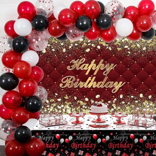Red Cloth Renaiss Happy Birthday Backdrop Banner for Photoshoot Gold Diamonds Royal Red Photography Background for Men Women 30th 40th 50th 60th 70th 80th Bday Party Decor Glittering Photo Booth Prop