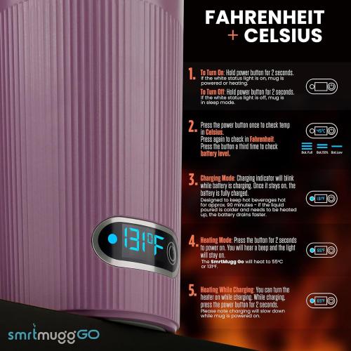 Lilac 13.5oz GO Heated Coffee Mug, Travel Mug, 13.5 OZ. Smart Mug, Battery Powered Heated Coffee Mug, Great for Coffee and Tea, Snap on Magnetic Charging Cord, New and Improved (Lilac)