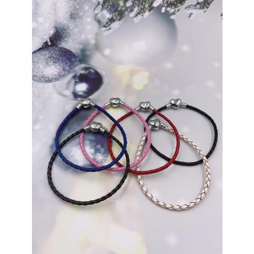 3mm Leather Charm Bracelet Heart Barrel Snap Clasp Handmade Braided Wristband for European Pandora Charm Bead Multiple Sizes 16-21CM