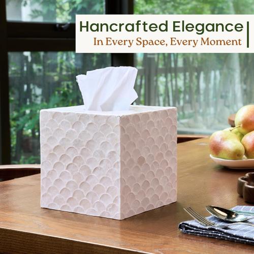 5.8” Capiz Tissue Box Cover, Square Decorative Tissue Holder with Bottom Slider, Handmade Bathroom Accessories, Elegant White Cube for Vanity, Bedroom, Office & Coastal Décor (Natural)