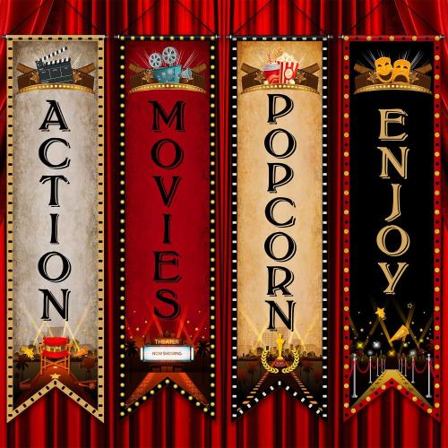 Blulu 4 Pcs Movie Night Porch Sign Banner Movie Theme Party Decoration Now Showing Banner Theater Night Popcorn Enjoy Action Hanging Porch Sign for Home Camera Film Backdrop Party Supples