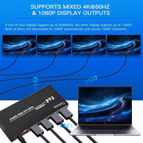 HDMI Splitter 1 in 4 Out 4K@60Hz, HDCP Bypass Support, Lossless Signal Distribution with EDID Mode, Plug and Play Multi Display Splitter for Home Office Commercial Use