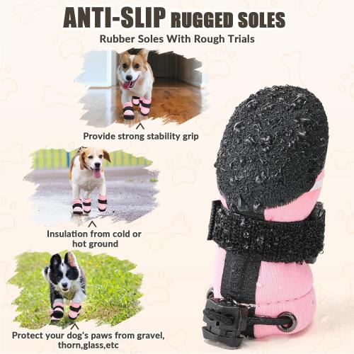 SlowTon Dog Shoes for Medium Large Dogs - Water Resistant Anti-Slip Dog Boots for Hot Pavement Rain Snow,Reflective Dog Paw Protectors for Outdoor Walking, Indoor Hardfloors(Pink,2)