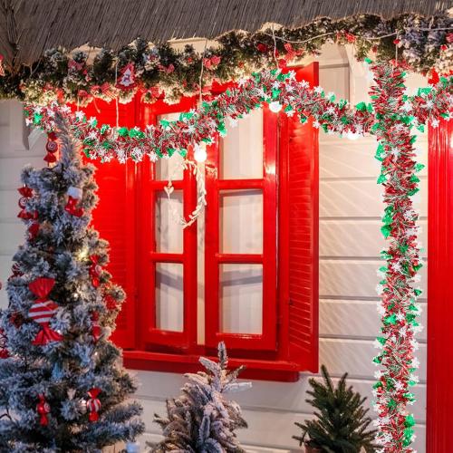 33 FT Christmas Tinsel Garland, Red Green White Metallic Twist Foil Tinsel Garland with Snowflake and Xmas Tree Hanging Decoration for Christmas Tree Wedding Birthday Home Party Decoration