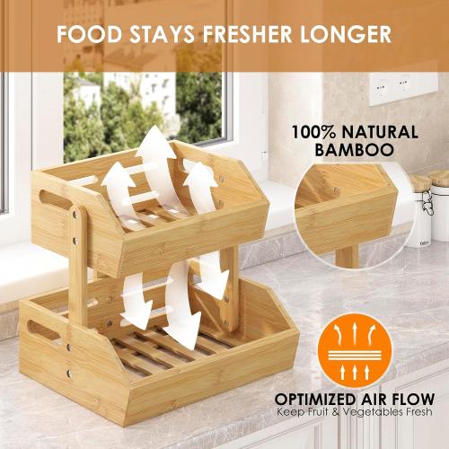 2-Tier Bamboo Fruit Basket, Fruit Basket for Kitchen Fruit Holder, Fruteros Para Cocina, Fruit Bowl for Onion Potato Bread Snack and Kitchen Countertop Organizer